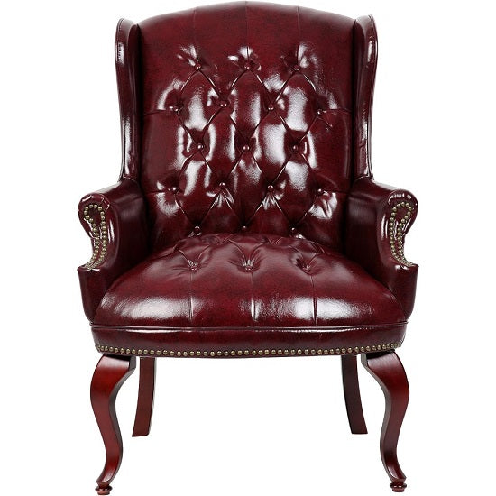 Elegant Mahogany Wood Finish Vintage Designer Wingback Traditional Burgundy Armchair
