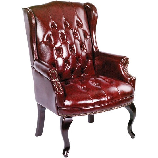 Elegant Mahogany Wood Finish Vintage Designer Wingback Traditional Burgundy Armchair