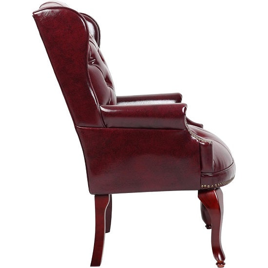 Elegant Mahogany Wood Finish Vintage Designer Wingback Traditional Burgundy Armchair