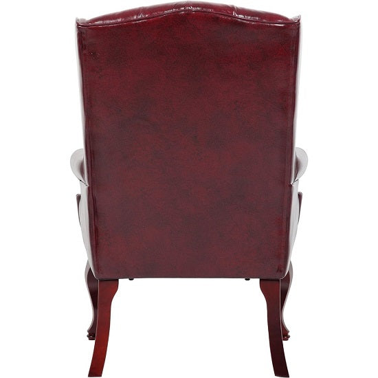 Elegant Mahogany Wood Finish Vintage Designer Wingback Traditional Burgundy Armchair