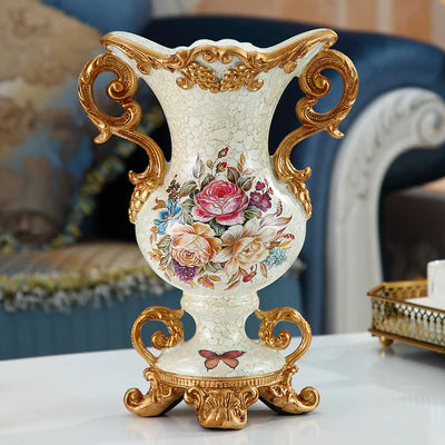 ALDO Arts & Crafts>Creative Arts >Pottery Resin Pearl Lustra Vase With Roses Double Handles / new / resin European Vintage Style Sculptural Vase with Flower Arrangements
