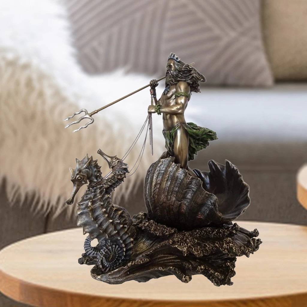 ALDO Artwork Sculptures & Statues 6" x 5" x 10.5" Inches Long / NEW / resin Ancient Greek God of The Sea Poseidon on the Seahorse Statue