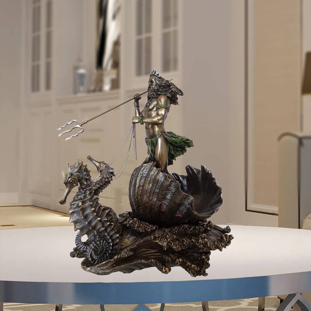 ALDO Artwork Sculptures & Statues 6" x 5" x 10.5" Inches Long / NEW / resin Ancient Greek God of The Sea Poseidon on the Seahorse Statue