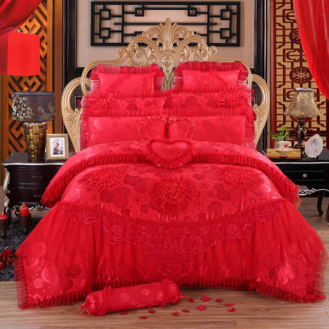 ALDO Bedding >Comforters & Sets C / Queen Size / 4pcs Luxury Red Lace Princess Satin Cotton Duvet Cover Bedding Set With Pillow Covers