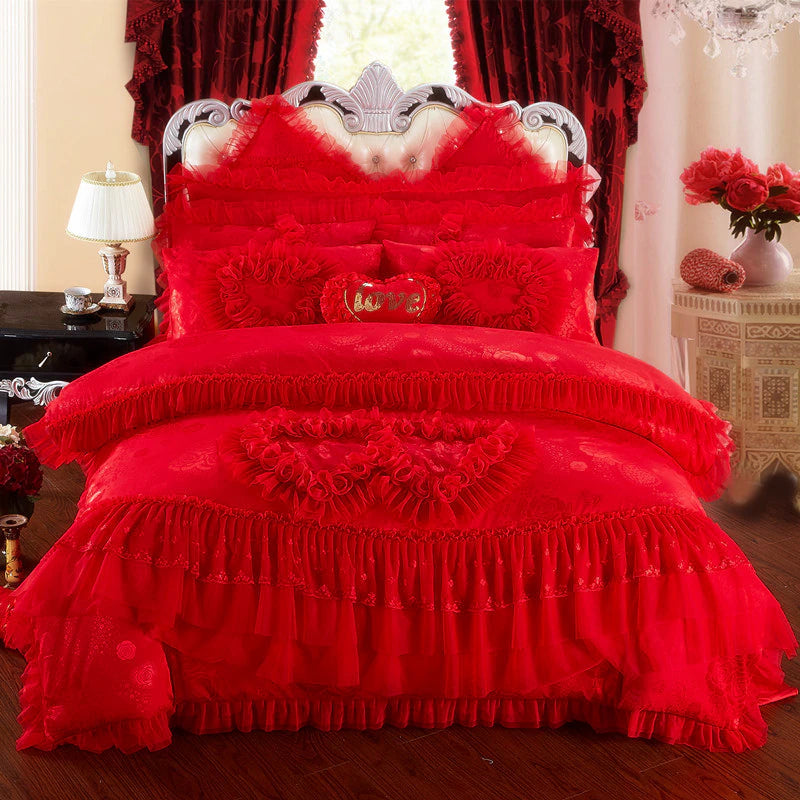 ALDO Bedding >Comforters & Sets E / Queen Size / 6pcs Luxury Red Lace Princess Satin Cotton Duvet Cover Bedding Set With Pillow Covers
