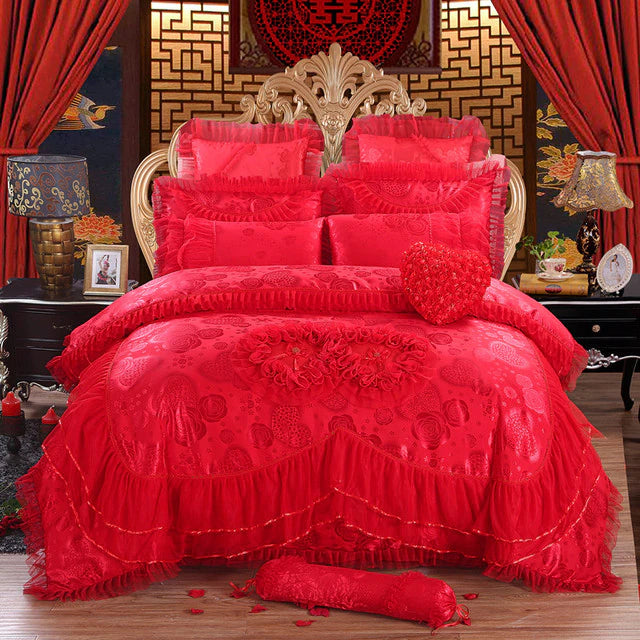 ALDO Bedding >Comforters & Sets G / Queen Size / 4pcs Luxury Red Lace Princess Satin Cotton Duvet Cover Bedding Set With Pillow Covers