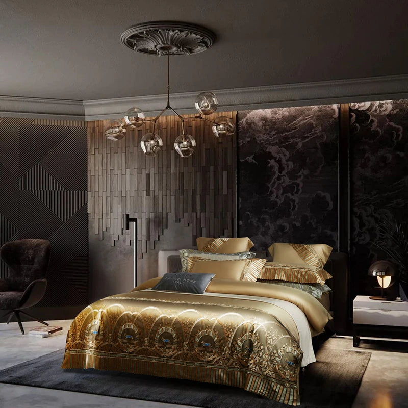 ALDO Bedding >Comforters & Sets Green / Queen / Cotton Luxury Gold Horse Lace Edge Embroidery Palace Bedding Set Bamboo Fiber Cotton Cozy Quilt Cover Set Bed Sheet & Pillowcases