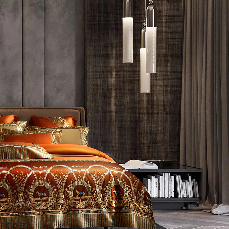 ALDO Bedding >Comforters & Sets Luxury Gold Horse Lace Edge Embroidery Palace Bedding Set Bamboo Fiber Cotton Cozy Quilt Cover Set Bed Sheet & Pillowcases