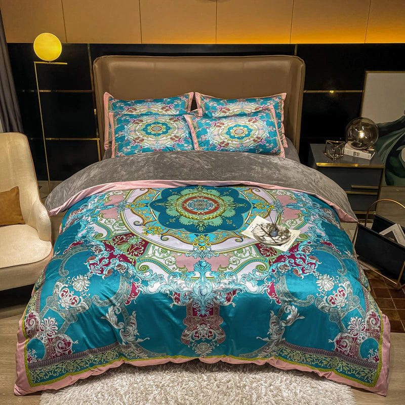 ALDO Bedding >Comforters & Sets New Queen Blue 4 piece Set / 100% Cotton / Multy Colors Luxury Versace Style Luxury Egyptian Cotton Duvet Bedding Set with Embroidery