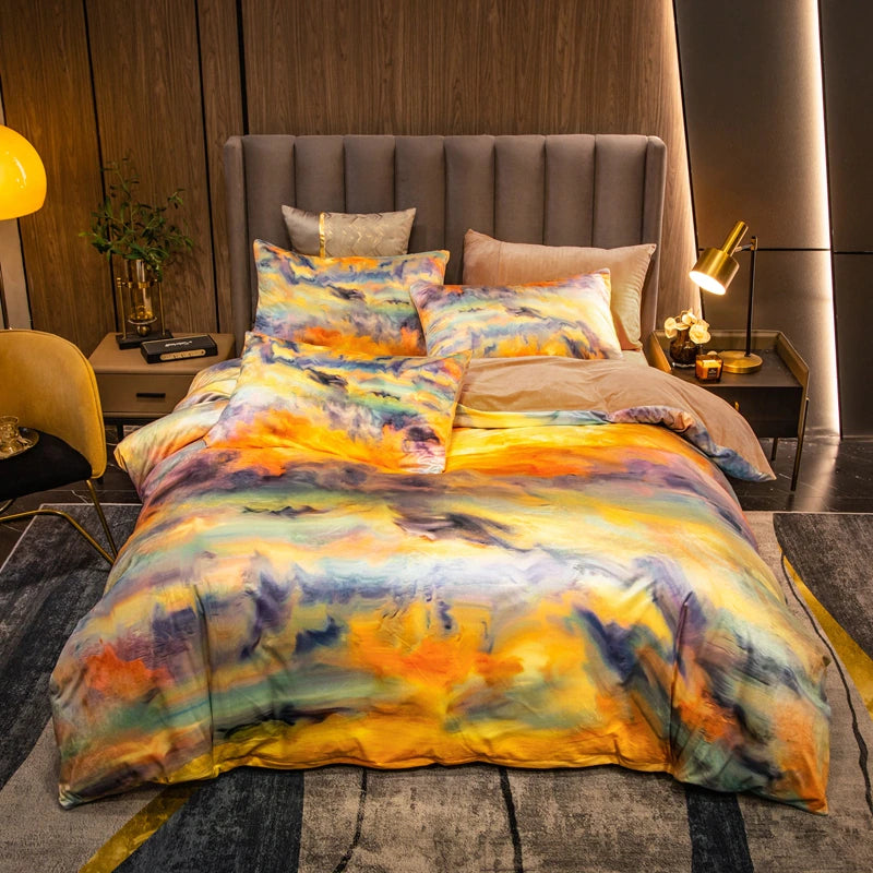 ALDO Bedding >Comforters & Sets New Queen Fantasy 4 piece Set / 100% Cotton / Multy Colors Luxury Versace Style Luxury Egyptian Cotton Duvet Bedding Set with Embroidery