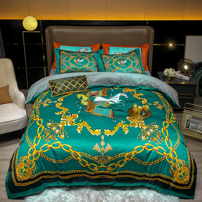 ALDO Bedding >Comforters & Sets New Queen Green 4 piece Set / 100% Cotton / Multy Colors Luxury Versace Style Luxury Egyptian Cotton Duvet Bedding Set with Embroidery