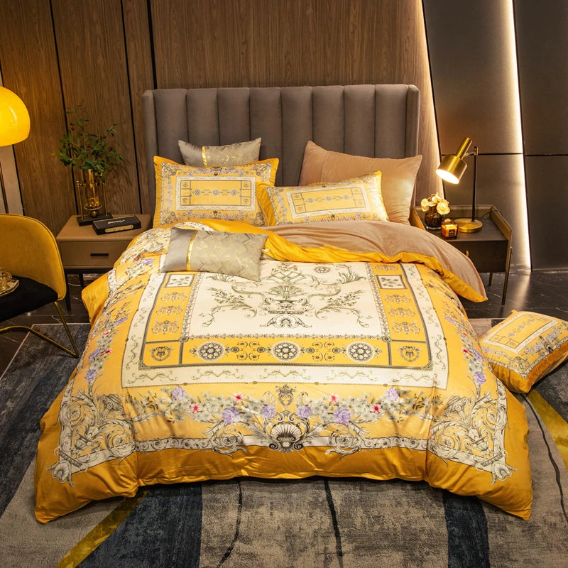 ALDO Bedding >Comforters & Sets New Quinn Yellow 4 piece Set / 100% Cotton / Multy Colors Luxury Versace Style Luxury Egyptian Cotton Duvet Bedding Set with Embroidery