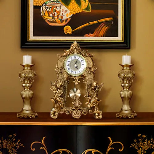 ALDO Clocks A-2 / Gold Grand Luxurious Vintage Pendulum Quartz Clock with Angels and Two Candle Holders Set