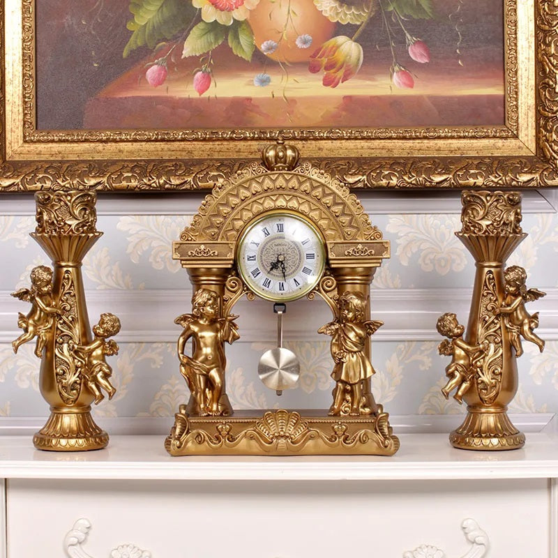 ALDO Clocks B-1 / Gold Grand Luxurious Vintage Pendulum Quartz Clock with Angels and Two Candle Holders Set