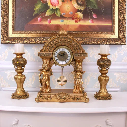 ALDO Clocks B-2 / Gold Grand Luxurious Vintage Pendulum Quartz Clock with Angels and Two Candle Holders Set