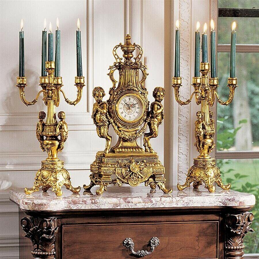 ALDO Clocks Desk & Shelf Clocks Golden Rococo Grand Mantel Clock And Candelabras Angels Cherubs Assembly