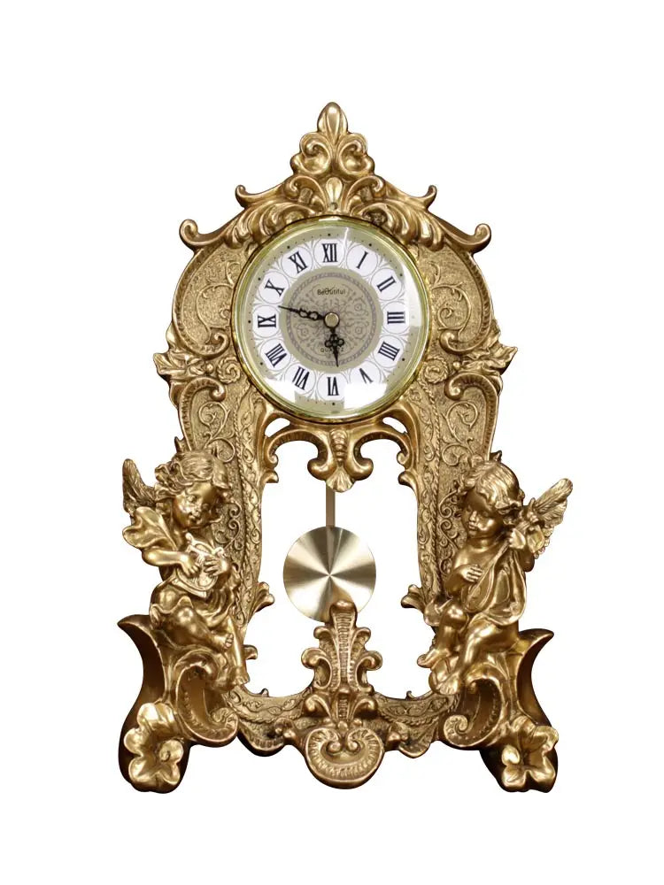 ALDO Clocks Grand Luxurious Vintage Pendulum Quartz Clock with Angels and Two Candle Holders Set