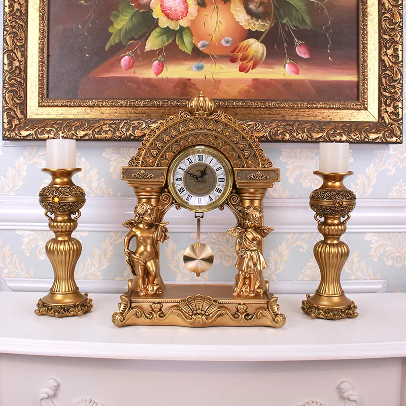ALDO Clocks Grand Luxurious Vintage Pendulum Quartz Clock with Angels and Two Candle Holders Set