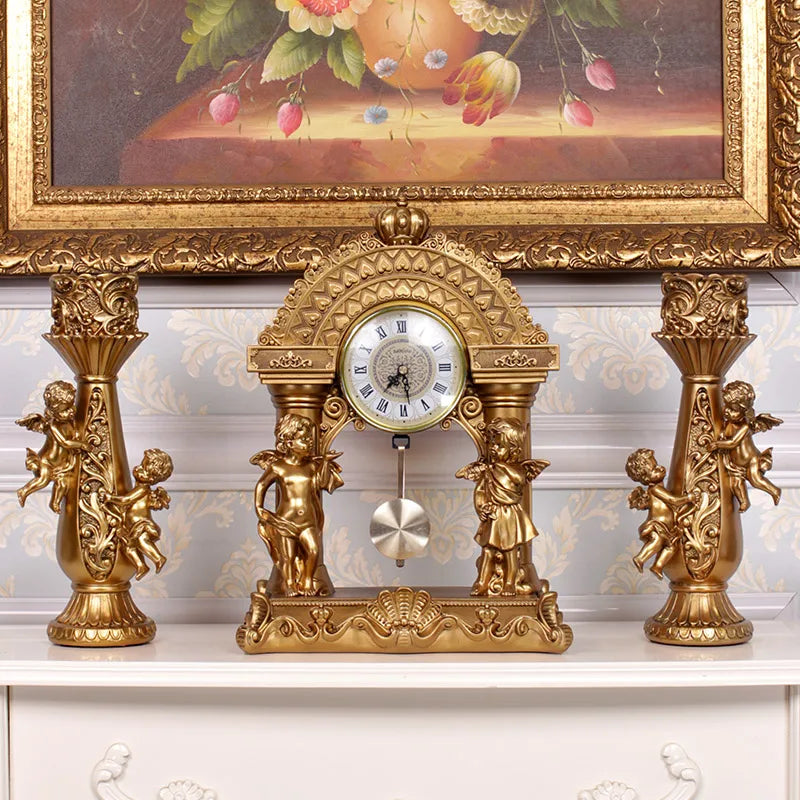 ALDO Clocks Grand Luxurious Vintage Pendulum Quartz Clock with Angels and Two Candle Holders Set