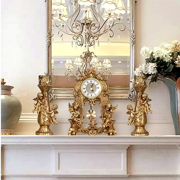 ALDO Clocks Grand Luxurious Vintage Pendulum Quartz Clock with Angels and Two Candle Holders Set