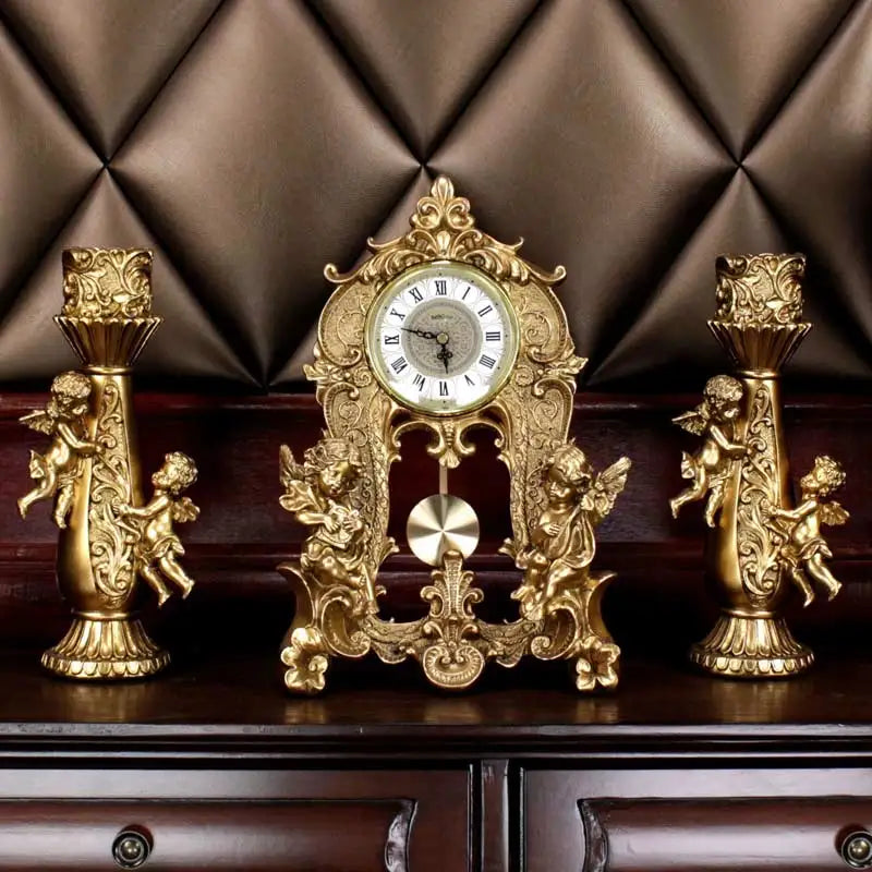 ALDO Clocks Grand Luxurious Vintage Pendulum Quartz Clock with Angels and Two Candle Holders Set