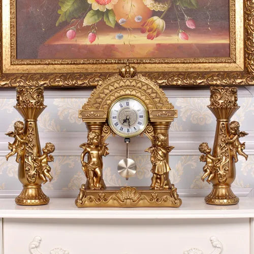 ALDO Clocks Grand Luxurious Vintage Pendulum Quartz Clock with Angels and Two Candle Holders Set