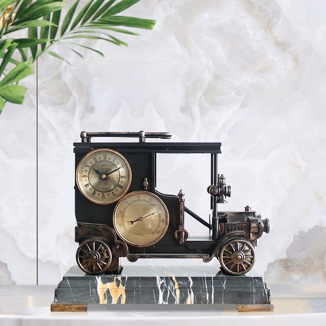 ALDO Clocks NEW / resin / Black Vintage Automobile Car Ford T-4 Desktop Quartz Alarm Clock With Thermometer and Roman Numeral Display