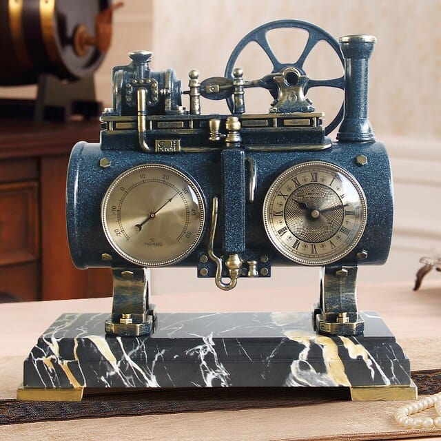 ALDO Clocks NEW / resin / Blue Retro Vintage Steam Engine Desktop Quartz Alarm Clock With Thermometer and Roman Numeral Display