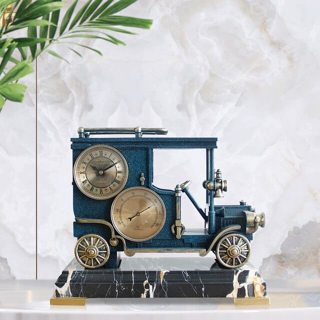 ALDO Clocks NEW / resin / Blue Vintage Automobile Car Ford T-4 Desktop Quartz Alarm Clock With Thermometer and Roman Numeral Display