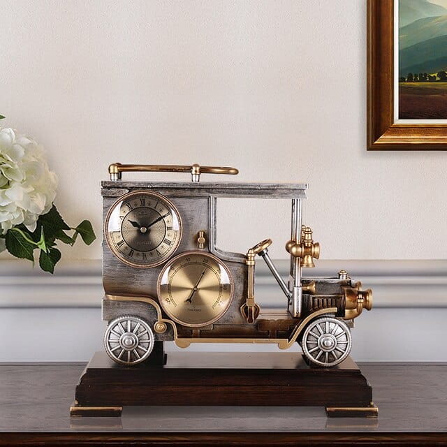 ALDO Clocks NEW / resin / Bronze Vintage Automobile Car Ford T-4 Desktop Quartz Alarm Clock With Thermometer and Roman Numeral Display