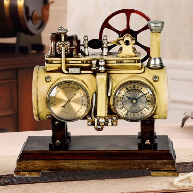 ALDO Clocks NEW / resin / Yellow Retro Vintage Steam Engine Desktop Quartz Alarm Clock With Thermometer and Roman Numeral Display
