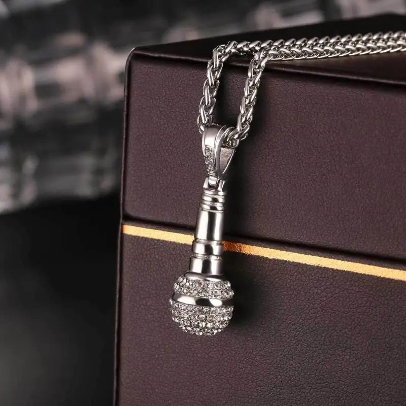 ALDO Clothing Accessories > Sunglasses Silver 24 Karat Gold-Plated Microphone Handcrafted Pendant Necklace with Rainstones For Good Luck Man and Woman
