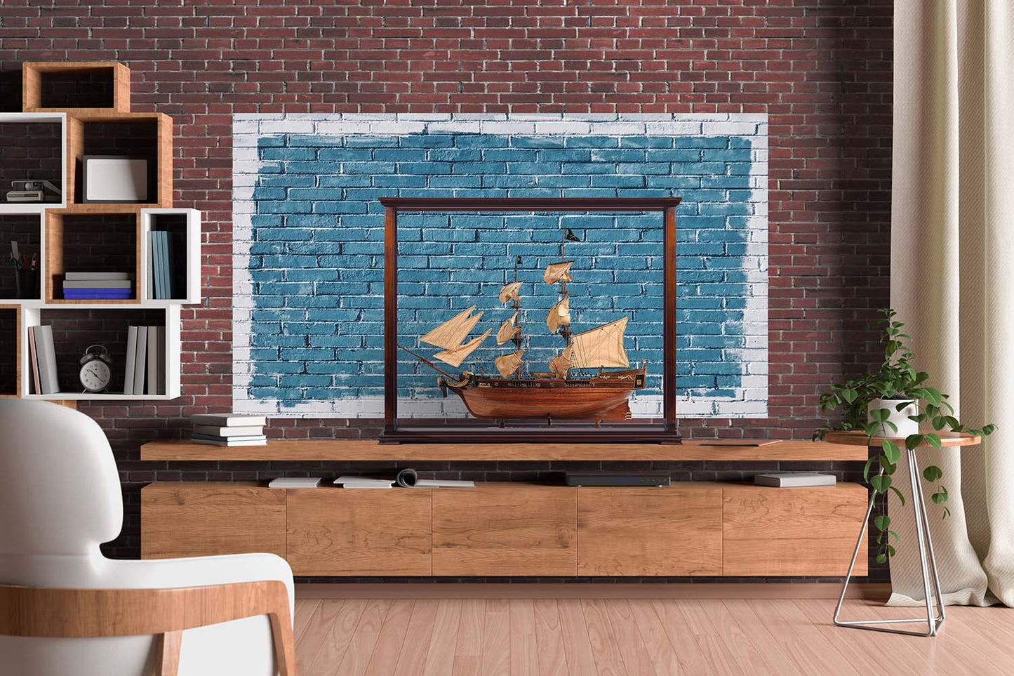 ALDO Creative Arts Collectibles Scale Model Outside: L: 34 W: 13 H: 31.5 Inches / Inside: L: 32.5 x W: 12 x H: 29 inches. / NEW / Wood with plexiglass panels Display Case Cabinet Table Top For Midsize Tall Ship Yacht Boat Models With Plexiglass Panels