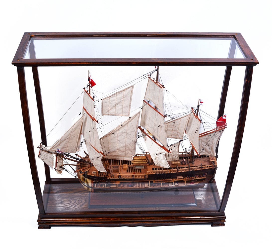 ALDO Creative Arts Collectibles Scale Model Outside: L: 34 W: 13 H: 31.5 Inches / Inside: L: 32.5 x W: 12 x H: 29 inches. / NEW / Wood with plexiglass panels Wood Display Case Table Top Cabinet Classic Brown For Tall Ship Yacht Boat Models With Plexiglass Panels
