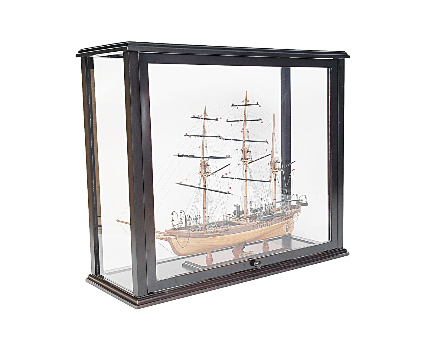 ALDO Creative Arts Collectibles Scale Model Outside: L: 35.4 W: 13.5 H: 29.5 Inches Inside: L: 32.5 x W: 12 x H: 29 inches. / NEW / Mahogany Wood with Plexiglass Panels Display Case Front Open Table Top Wood with Plexiglass Panels Cabinet for Midsize Tall Ship and BoatsModels