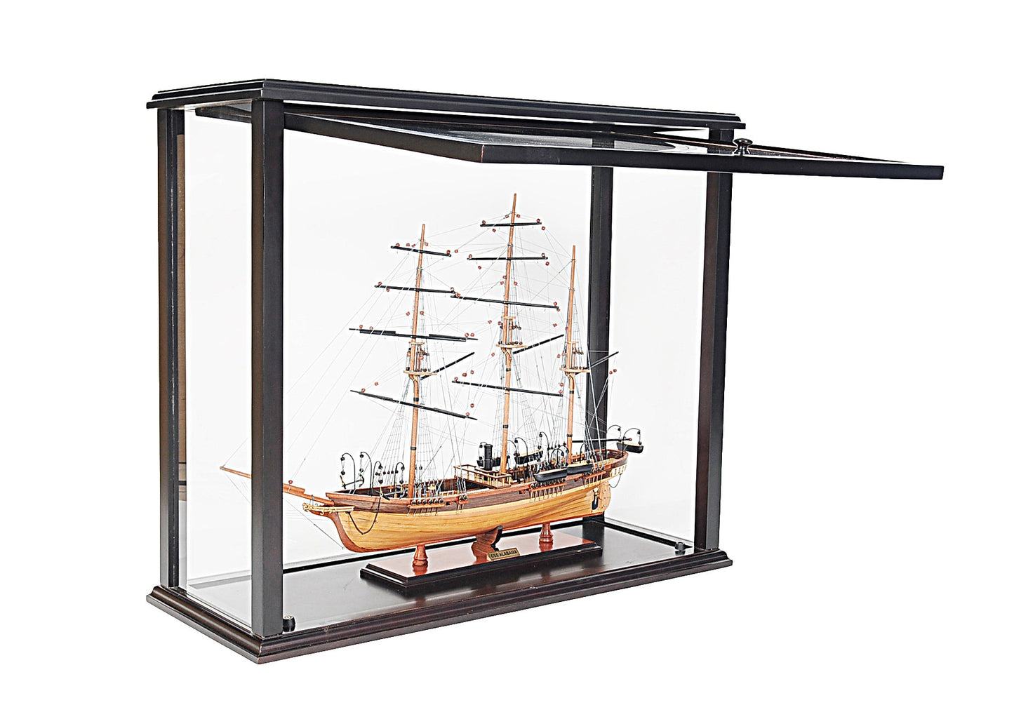ALDO Creative Arts Collectibles Scale Model Outside: L: 35.4 W: 13.5 H: 29.5 Inches Inside: L: 32.5 x W: 12 x H: 29 inches. / NEW / Mahogany Wood with Plexiglass Panels Display Case Front Open Table Top Wood with Plexiglass Panels Cabinet for Midsize Tall Ship and BoatsModels