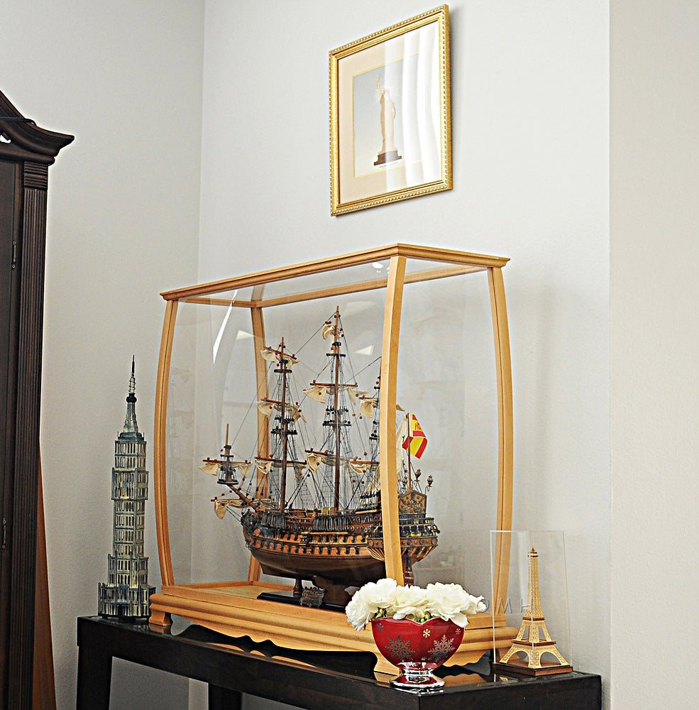 ALDO Creative Arts Collectibles Scale Model Outside : L: 36 W: 13 H: 31.5 Inches / Inside : L: 32.5 x W: 12 x H: 29 inches. / NEW / Mahogany Wood and with Plexiglass Panels Display Case Wood with Plexiglass Panels Cabinet for Midsize Tall Ship Models Clear Finish