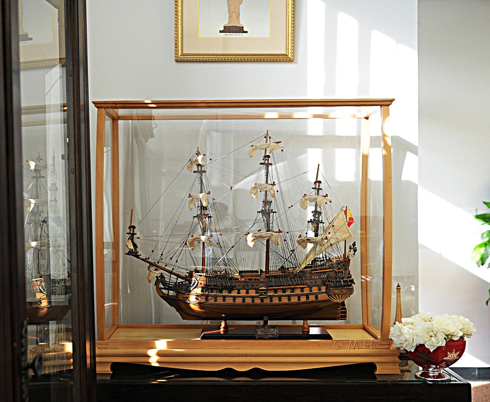 ALDO Creative Arts Collectibles Scale Model Outside : L: 36 W: 13 H: 31.5 Inches / Inside : L: 32.5 x W: 12 x H: 29 inches. / NEW / Mahogany Wood and with Plexiglass Panels Display Case Wood with Plexiglass Panels Cabinet for Midsize Tall Ship Models Clear Finish