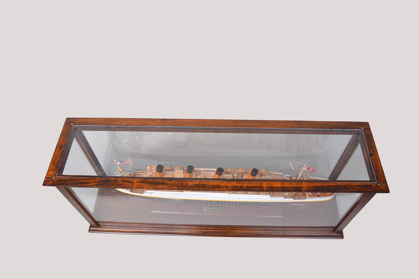 ALDO Creative Arts Collectibles Scale Model Outside: L: 38.5 W: 9.5 H: 16 Inches Inside: 35.5 L x 7 1/8 W x 13.5 H inches / NEW / Wood with plexiglass panels Display Case Wood Table Top Cabinet Classic Brown For Midsize Cruise Liners and Boat Models With Plexiglass Panels
