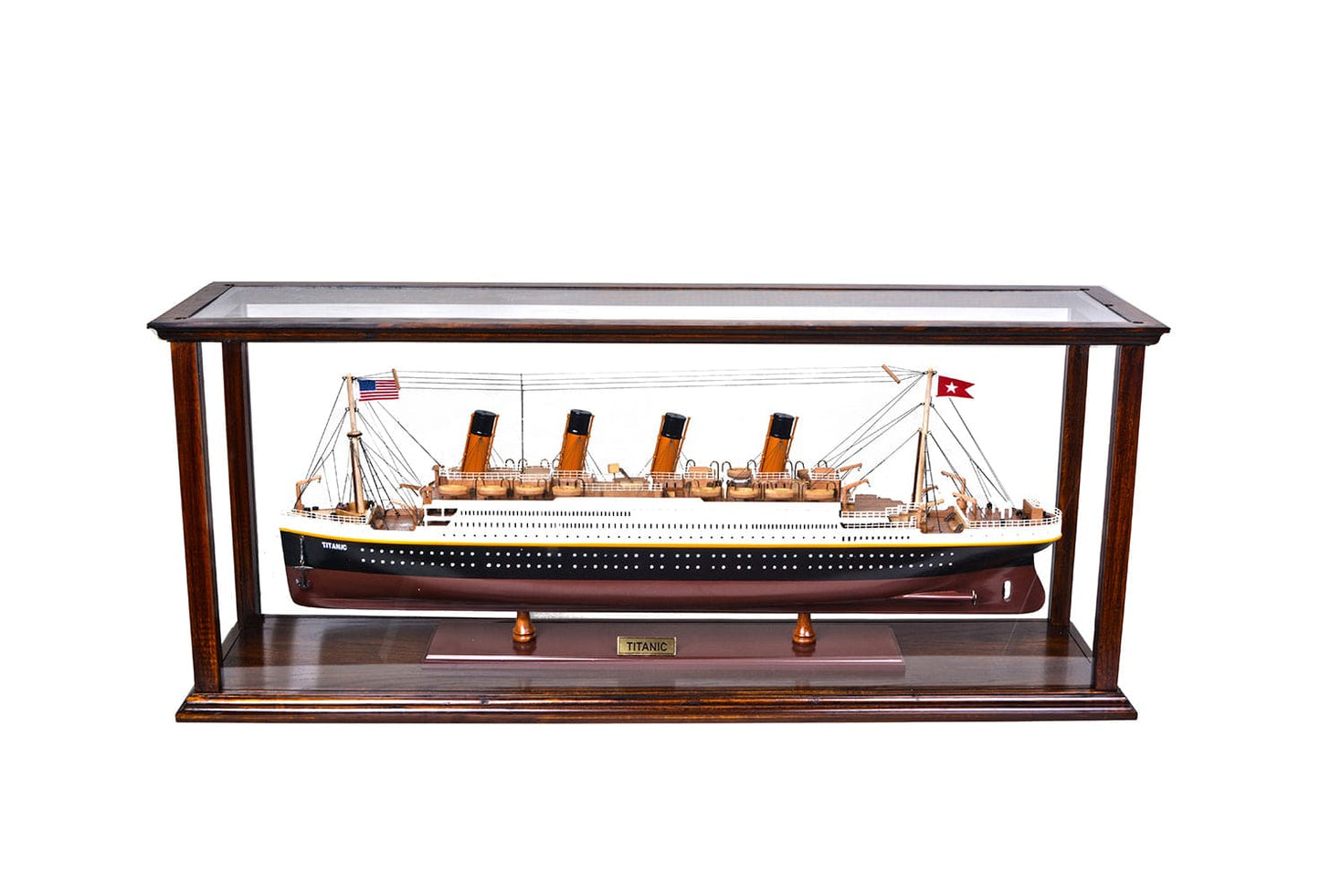ALDO Creative Arts Collectibles Scale Model Outside: L: 38.5 W: 9.5 H: 16 Inches Inside: 35.5 L x 7 1/8 W x 13.5 H inches / NEW / Wood with plexiglass panels Display Case Wood Table Top Cabinet Classic Brown For Midsize Cruise Liners and Boat Models With Plexiglass Panels