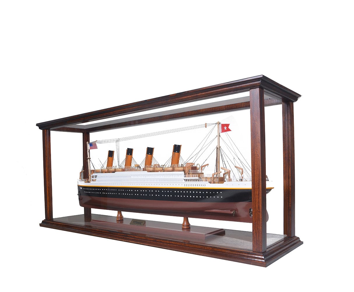 ALDO Creative Arts Collectibles Scale Model Outside: L: 38.5 W: 9.5 H: 16 Inches Inside: 35.5 L x 7 1/8 W x 13.5 H inches / NEW / Wood with plexiglass panels Display Case Wood Table Top Cabinet Classic Brown For Midsize Cruise Liners and Boat Models With Plexiglass Panels