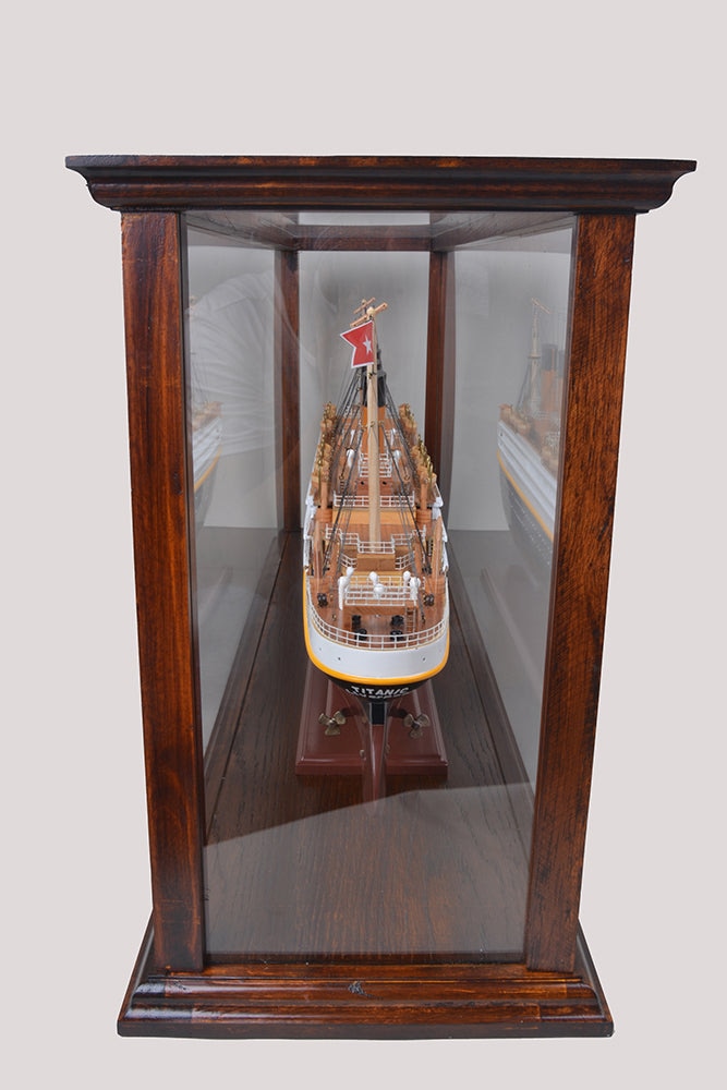 ALDO Creative Arts Collectibles Scale Model Outside: L: 38.5 W: 9.5 H: 16 Inches Inside: 35.5 L x 7 1/8 W x 13.5 H inches / NEW / Wood with plexiglass panels Display Case Wood Table Top Cabinet Classic Brown For Midsize Cruise Liners and Boat Models With Plexiglass Panels