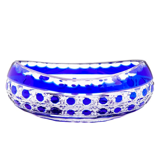 ALDO Creative Arts >Pottery New Blue Dots / Crystal / 15 cm long x 5.5 cm high Luxury Elegant Hand Carved Bohemian Czech Style Crystal Engraving Hand Cut Centerpiece Vase