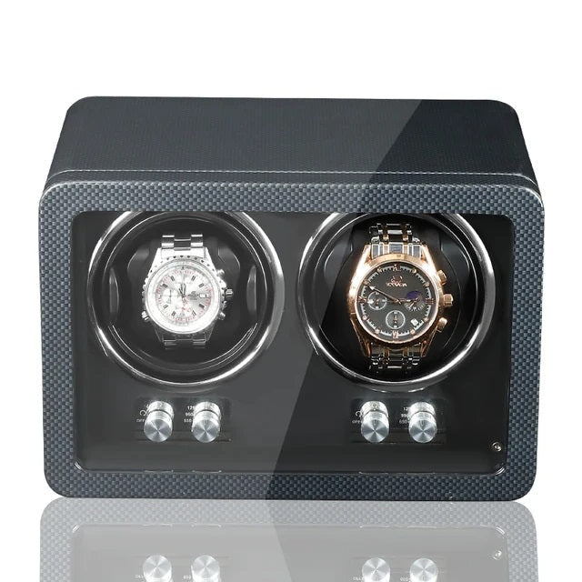 ALDO Décor > Watches Black Luxurious Carbon Solid Wood Fibre Material Antimagnetic Double Watch Winder With LED and AC/DC Adapter