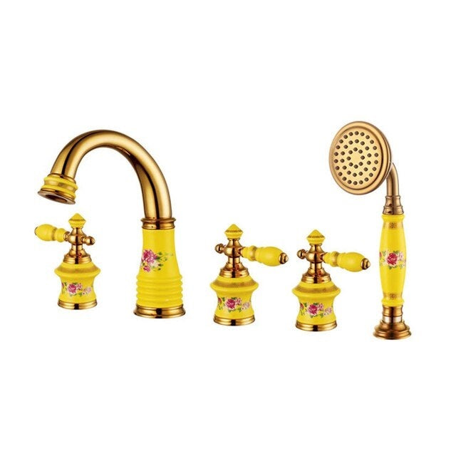 ALDO Hardware>Plumbing Fixtures Bathtub Basin Faucet Yellow Brass and Ceramic Deck 5 Holes Bathtub Mixer Faucet.
