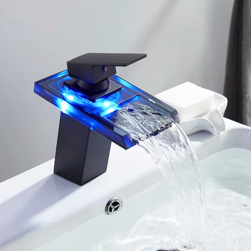 ALDO Hardware>Plumbing Fixtures BCC Luxury Modern Bathroom Waterfall Basin Faucet LED Color Changing Deck Mounted Single Handle