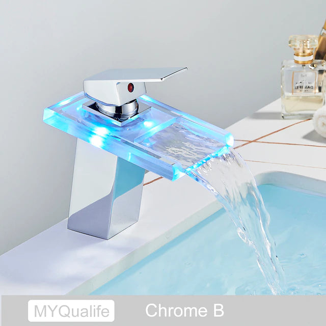 ALDO Hardware>Plumbing Fixtures CHCT Luxury Modern Bathroom Waterfall Basin Faucet LED Color Changing Deck Mounted Single Handle