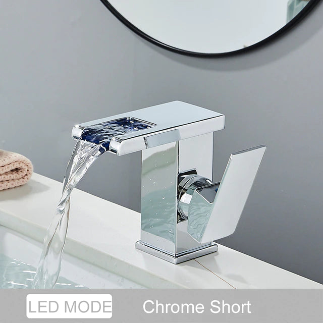 ALDO Hardware>Plumbing Fixtures CHR Luxury Modern Bathroom Waterfall Basin Faucet LED Color Changing Deck Mounted Single Handle