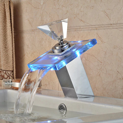 ALDO Hardware>Plumbing Fixtures CHRM Luxury Modern Bathroom Waterfall Basin Faucet LED Color Changing Deck Mounted Single Handle