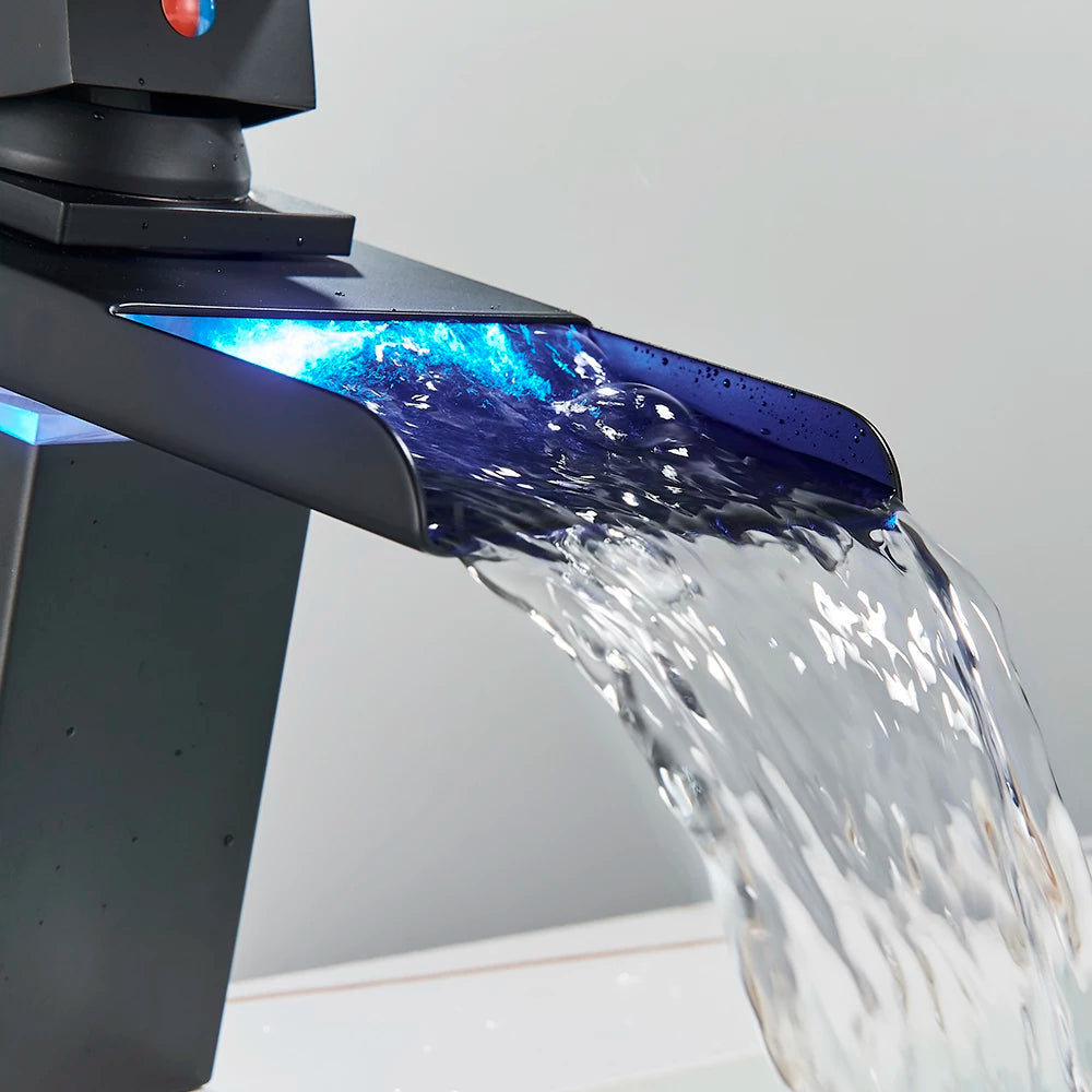 ALDO Hardware>Plumbing Fixtures Luxury Modern Bathroom Waterfall Basin Faucet LED Color Changing Deck Mounted Single Handle
